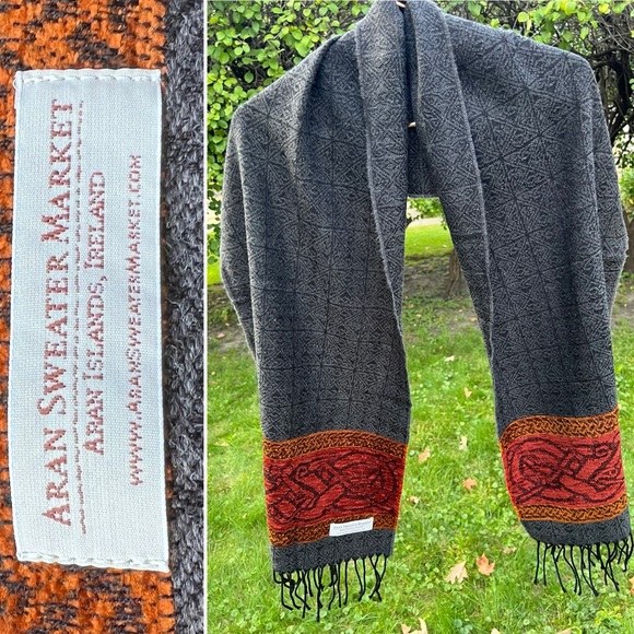 🐑 🇮🇪Unisex Charcoal/Red/Orange Woven Scarf Wool Blend Fringed Scarf 15”W x 63”L - Picture 17 of 17
